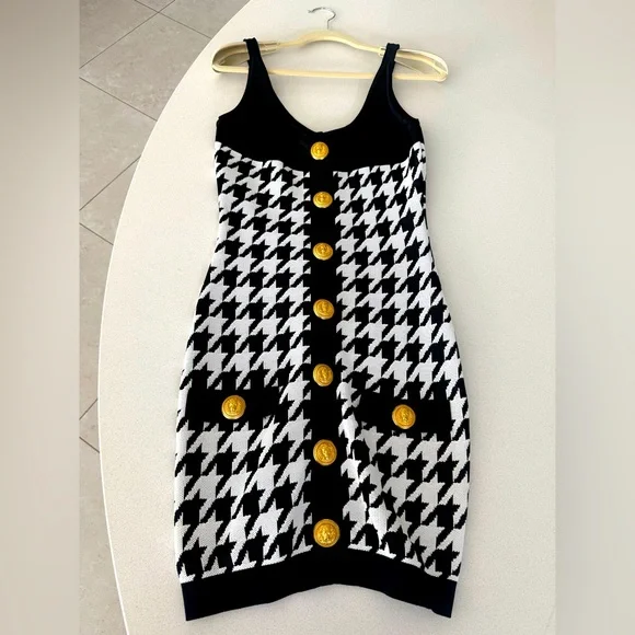 Balmain | Dresses | Balmain Houndstooth Dress With Gold Accents | Poshmark